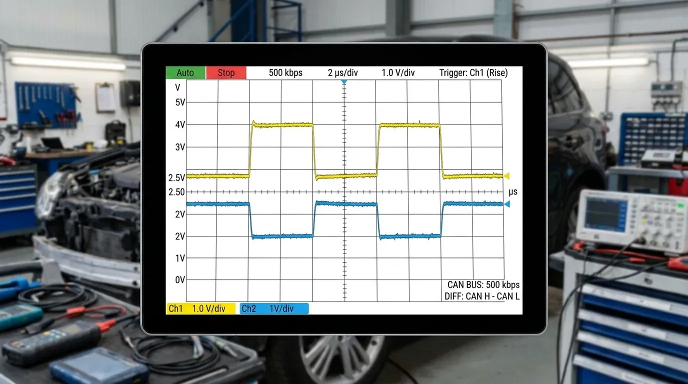 Осциллограмма дифференциального сигнала CAN шины на контактах 6 и 14 разъема OBD2