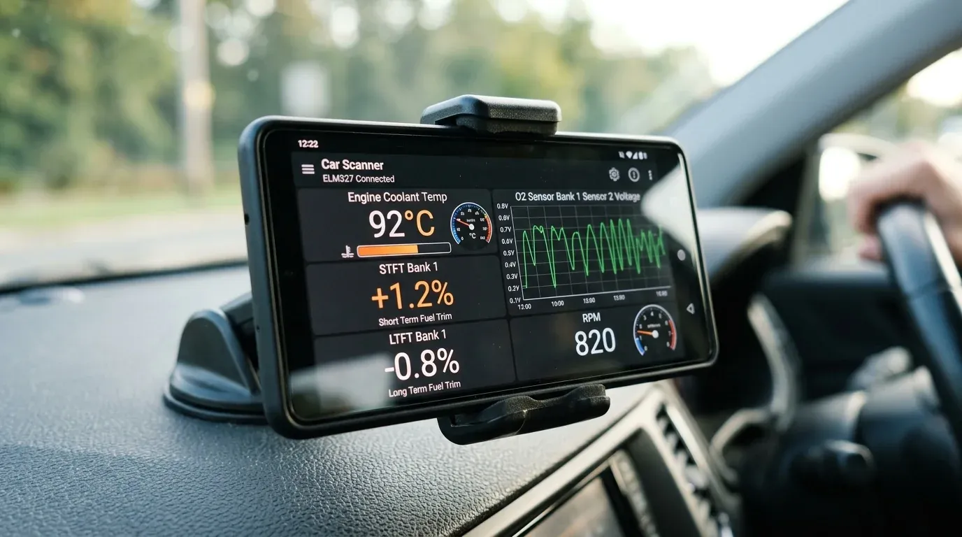 Интерфейс приложения Car Scanner ELM OBD2 на экране Android смартфона с графиками топливных коррекций и температуры
