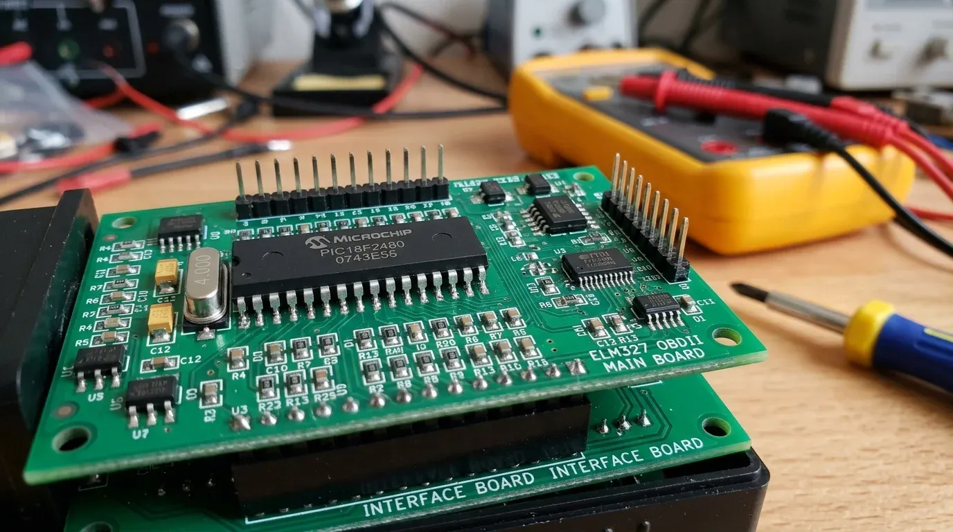 Двухплатная архитектура правильного адаптера ELM327 v1.5 с чипом PIC18F25K80 и кварцем 4.000 МГц