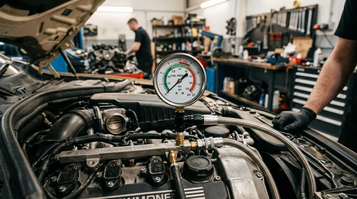 Подключение манометра давления топлива к рампе двигателя для проверки топливного насоса