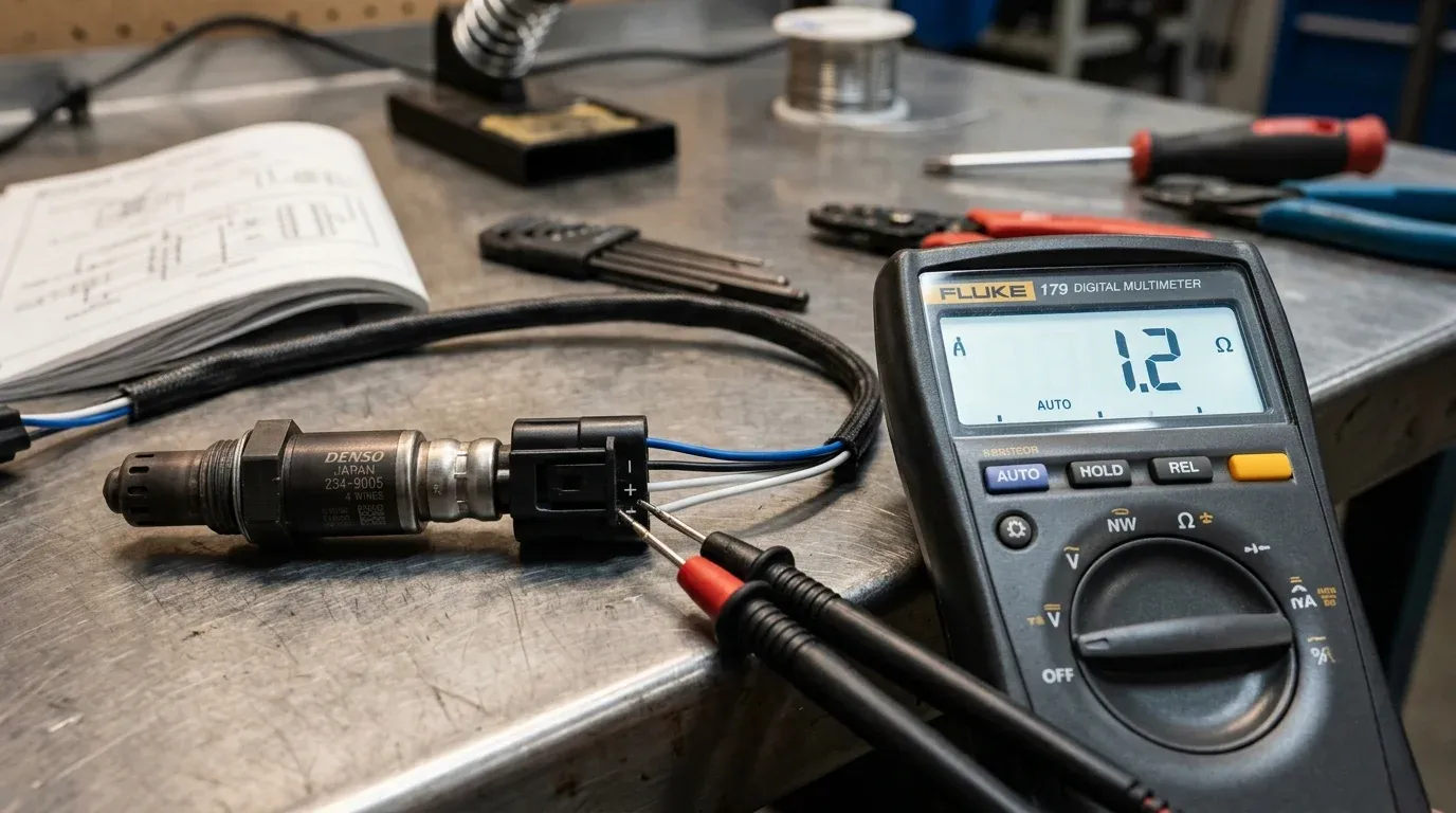 Замер сопротивления подогревателя датчика Denso A/F мультиметром Fluke с показанием 1.2 Ом