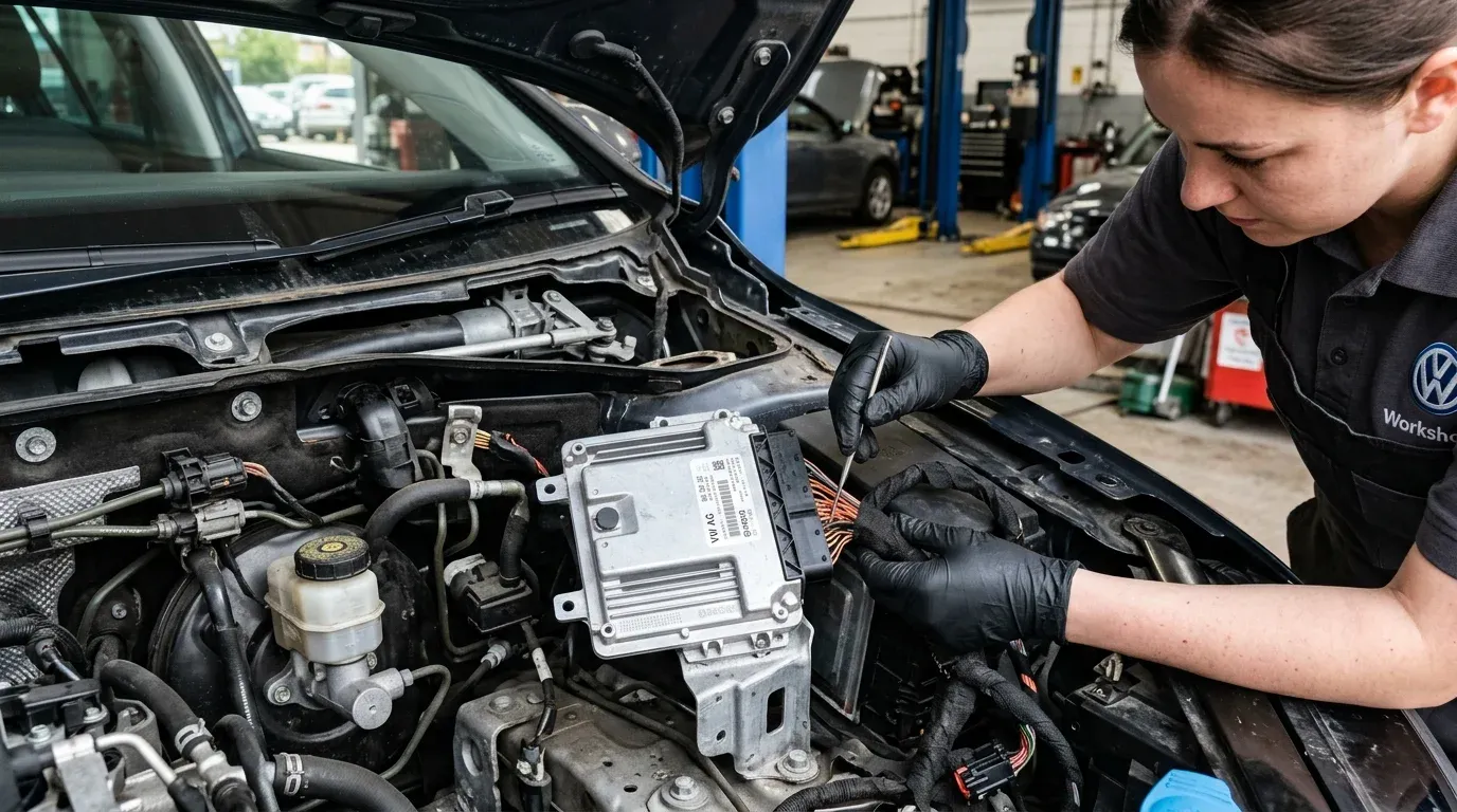Короб жабо под лобовым стеклом на автомобиле Volkswagen со снятым пластиковым лотком и ревизией разъемов ЭБУ двигателя